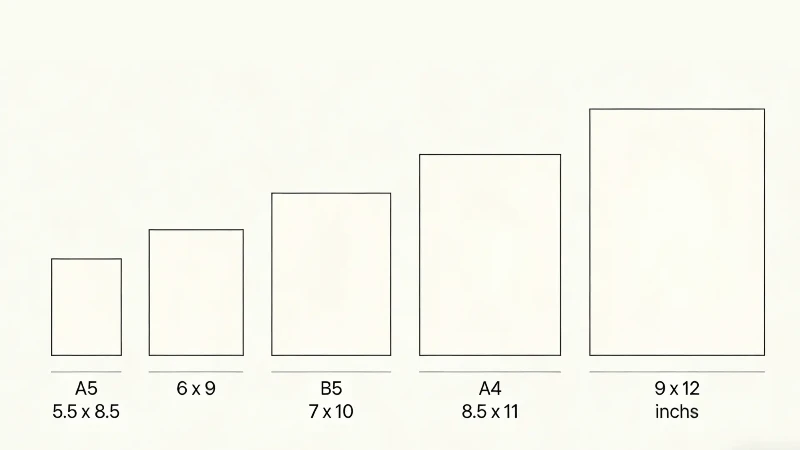 Infographic comparing common hardcover book trim sizes from A5 to 9 x 12 inches. Infographic comparing common hardcover book trim sizes from A5 to 9 x 12 inches.