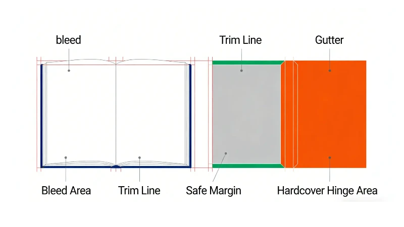 Printing diagram showing bleed, trim line, safe margins, gutter, and hinge area for a hardcover book. Printing diagram showing bleed, trim line, safe margins, gutter, and hinge area for a hardcover book.