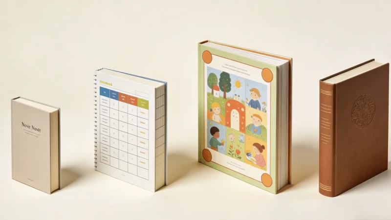 Examples of hardcover book categories including novels, children's books, workbooks, and coffee table books in different standard sizes. Examples of hardcover book categories including novels, children's books, workbooks, and coffee table books in different standard sizes.