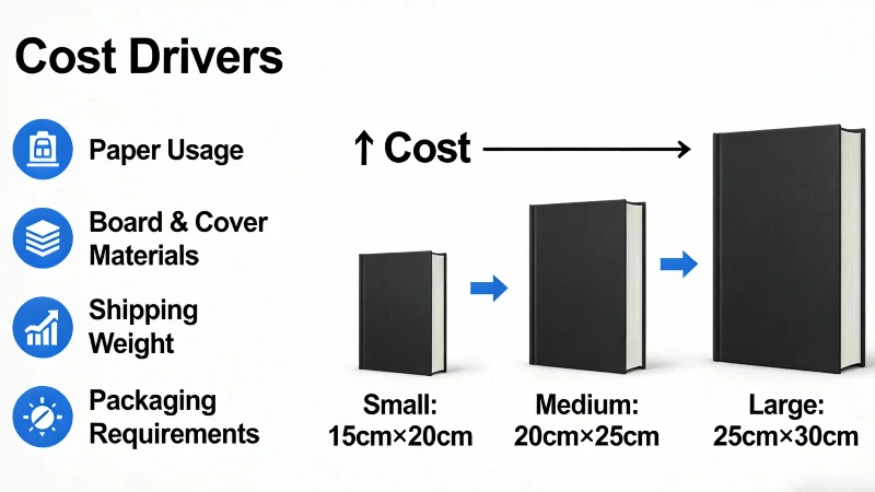 Infographic showing how larger hardcover book sizes increase paper, material, shipping, and packaging costs. Infographic showing how larger hardcover book sizes increase paper, material, shipping, and packaging costs.