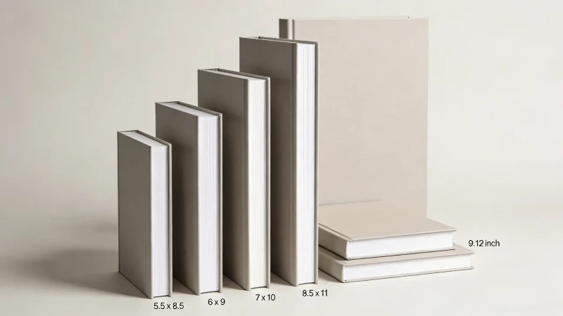 Standard hardcover book sizes displayed side by side, showing the difference between compact, medium, and large trim formats. Standard hardcover book sizes displayed side by side, showing the difference between compact, medium, and large trim formats.